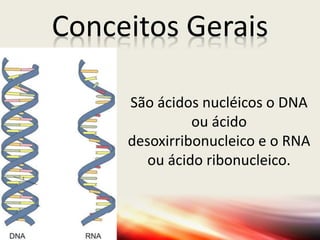 São ácidos nucléicos o DNA
ou ácido
desoxirribonucleico e o RNA
ou ácido ribonucleico.
Conceitos Gerais
 