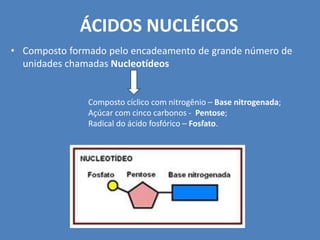 ÁCIDOS NUCLÉICOS
• Composto formado pelo encadeamento de grande número de
unidades chamadas Nucleotídeos
Composto cíclico com nitrogênio – Base nitrogenada;
Açúcar com cinco carbonos - Pentose;
Radical do ácido fosfórico – Fosfato.
 