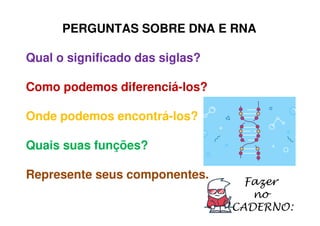 PERGUNTAS SOBRE DNA E RNA
Qual o significado das siglas?
Como podemos diferenciá-los?
Onde podemos encontrá-los?
Quais suas funções?
Represente seus componentes.
Fazer
no
CADERNO:
 