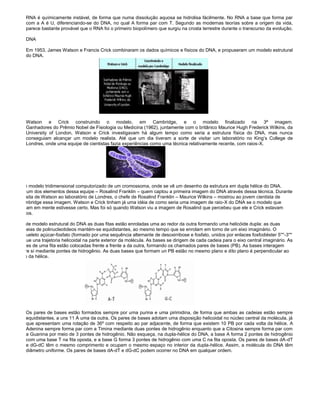 RNA é químicamente instável, de forma que numa dissolução aquosa se hidrolisa fácilmente. No RNA a base que forma par
com a A é U, diferenciando-se do DNA, no qual A forma par com T. Segundo as modernas teorías sobre a origem da vida,
parece bastante provável que o RNA foi o primeiro biopolímero que surgiu na crosta terrestre durante o transcurso da evolução.
DNA
Em 1953, James Watson e Francis Crick combinaram os dados químicos e físicos do DNA, e propuseram um modelo estrutural
do DNA.
Watson e Crick construindo o modelo, em Cambridge, e o modelo finalizado na 3ª imagem.
Ganhadores do Prêmio Nobel de Fisiologia ou Medicina (1962), juntamente com o britânico Maurice Hugh Frederick Wilkins, da
University of London, Watson e Crick investigavam há algum tempo como seria a estrutura física do DNA, mas nunca
conseguiam alcançar um modelo realista. Até que um dia tiveram a sorte de visitar um laboratório no King’s College de
Londres, onde uma equipe de cientistas fazia experiências como uma técnica relativamente recente, com raios-X.
Um modelo tridimensional computorizado de um cromossoma, onde se vê um desenho da estrutura em dupla hélice do DNA.
Foi um dos elementos dessa equipe – Rosalind Franklin – quem captou a primeira imagem do DNA através dessa técnica. Durante
a visita de Watson ao laboratório de Londres, o chefe de Rosalind Franklin – Maurice Wilkins – mostrou ao jovem cientista de
Cambridge essa imagem. Watson e Crick tinham já uma idéia de como seria uma imagem de raio-X do DNA se o modelo que
tinham em mente estivesse certo. Mas foi só quando Watson viu a imagem de Rosalind que percebeu que ele e Crick estavam
certos.
Neste modelo estrutural do DNA as duas fitas estão enroladas uma ao redor da outra formando uma helicóide dupla: as duas
cadeias de polinucleotideos mantém-se equidistantes, ao mesmo tempo que se enrolam em torno de um eixo imaginário. O
esqueleto açúcar-fosfato (formado por uma sequência alternante de desoxirribose e fosfato, unidos por enlaces fosfodiéster 5''''-3''''
segue una trajetoria helicoidal na parte exterior da molécula. As bases se dirigem de cada cadeia para o eixo central imaginário. As
bases de uma fita estão colocadas frente a frente a da outra, formando os chamados pares de bases (PB). As bases interagem
entre sí mediante pontes de hidrogênio. As duas bases que formam un PB estão no mesmo plano e dito plano é perpendicular ao
eixo da hélice.
Os pares de bases estão formados sempre por uma purina e uma pirimidina, de forma que ambas as cadeias estão sempre
equidistantes, a uns 11 Å uma da outra. Os pares de bases adotam uma disposição helicoidal no núcleo central da molécula, já
que apresentam uma rotação de 36º com respeito ao par adjacente, de forma que existem 10 PB por cada volta da hélice. A
Adenina sempre forma par com a Timina mediante duas pontes de hidrogênio enquanto que a Citosina sempre forma par com
a Guanina por meio de 3 pontes de hidrogênio. Não esqueça, na dupla-hélice do DNA, a base A forma 2 pontes de hidrogênio
com uma base T na fita oposta, e a base G forma 3 pontes de hidrogênio com uma C na fita oposta. Os pares de bases dA-dT
e dG-dC têm o mesmo comprimento e ocupam o mesmo espaço no interior da dupla-hélice. Assim, a molécula do DNA têm
diâmetro uniforme. Os pares de bases dA-dT e dG-dC podem ocorrer no DNA em qualquer ordem.
 