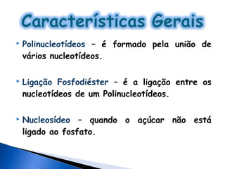   Polinucleotídeos – é formado pela união de
    vários nucleotídeos.

   Ligação Fosfodiéster – é a ligação entre os
    nucleotídeos de um Polinucleotídeos.

   Nucleosídeo – quando o açúcar não está
    ligado ao fosfato.
 