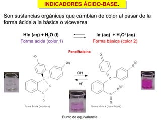 INDICADORES ÁCIDO-BASE.INDICADORES ÁCIDO-BASE.
Son sustancias orgánicas que cambian de color al pasar de la
forma ácida a la básica o viceversa
HIn (aq) + H2O (l)
Forma ácida (color 1)
In-
(aq) + H3O+
(aq)
Forma básica (color 2)
Punto de equivalencia
Fenolftaleína
 