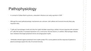 Pathophysiology
• In contrast to Guillain-Barré syndrome, antecedent infections are rarely reported in CIDP.
• Although the exact pathophysiologic mechanisms are unknown, both cellular and humoral immunity likely play
important roles.
• T cells and macrophages invade and strip the myelin lamellae supporting a cellular immune response with activation
of T cells that results in increased expression of IL-2 and tumor necrosis factor-α. In addition, Macrophages release
toxic mediators that target peripheral nerves and phagocytose myelin.
• Antibodies directed against peripheral nerve myelin protein P0 in some patients and the response of patients to
plasma exchange support the role of humoral immunity.
 