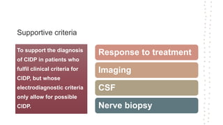 Supportive criteria
Response to treatment
Imaging
CSF
Nerve biopsy
To support the diagnosis
of CIDP in patients who
fulfil clinical criteria for
CIDP, but whose
electrodiagnostic criteria
only allow for possible
CIDP.
 