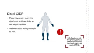 Distal CIDP
• Present by sensory loss in the
distal upper and lower limbs as
well as gait instability.
• Weakness occur mainly distally in
LL > UL.
2/3 of patients with
this phenotype have
IgM paraproteinemic
neuropathy with AB
against MAG.
 