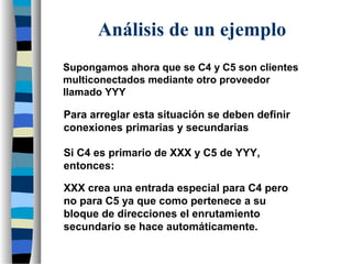 Supongamos ahora que se C4 y C5 son clientes
multiconectados mediante otro proveedor
llamado YYY
Si C4 es primario de XXX y C5 de YYY,
entonces:
XXX crea una entrada especial para C4 pero
no para C5 ya que como pertenece a su
bloque de direcciones el enrutamiento
secundario se hace automáticamente.
Análisis de un ejemplo
Para arreglar esta situación se deben definir
conexiones primarias y secundarias
 