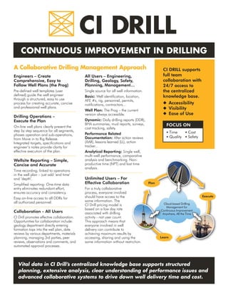 CI DRILL
CONTINUOUS IMPROVEMENT IN DRILLING
CI DRILL supports
full team
collaboration with
24/7 access to
the centralized
knowledge base.
u	 Accessibility
u	 Visibility
u	 Ease of Use
Vital data in CI Drill’s centralized knowledge base supports structured
planning, extensive analysis, clear understanding of performance issues and
advanced collaborative systems to drive down well delivery time and cost.
FOCUS ON
u Time	 u Cost
u Quality	 u Safety
Engineers – Create
Comprehensive, Easy to
Follow Well Plans (the Prog)
Pre-defined well templates (user
defined) guide the well engineer
through a structured, easy to use
process for creating accurate, concise
and professional well plans.
Drilling Operations –
Execute the Plan
On-line well plans clearly present the
step by step sequence for all segments,
phases operation and sub-operations,
from Move in to Rig Release.
Integrated targets, specifications and
engineer’s notes provide clarity for
effective execution of the plan.
Wellsite Reporting – Simple,
Concise and Accurate
Time recording; linked to operations
in the well plan – just add ‘end time’
and ‘depth’.
Simplified reporting: One-time data
entry eliminates redundant effort,
ensures accuracy and consistency.
Easy on-line access to all DDRs for
all authorized personnel.
Collaboration – All Users
CI Drill promotes effective collaboration.
Opportunities for collaboration include:
geology department directly entering
formation tops into the well plan, date
reviews by various departments, materials
planning, managing 3rd parties, peer
reviews, observations and comments, and
automated approval processes.
A Collaborative Drilling Management Approach
All Users – Engineering,
Drilling, Geology, Safety,
Planning, Management…
Single source for all well information.
Basic: Well identification, location,
AFE #s, rig, personnel, permits,
notifications, contractors...
Well Plan: The Prog – the current
version always accessible.
Dynamic: Daily drilling reports (DDR),
BHA summaries, mud reports, surveys,
cost tracking, safety.
Performance Related
Documentation: After action reviews
(AAR), lessons learned (LL), action
tracker...
Analytical Reporting: Single well,
multi-well performance, comparative
analysis and benchmarking. Non-
productive time (NPT) and lost time
analysis.
Unlimited Users – For
Effective Collaboration
For a truly collaborative
process, everyone involved
should have access to the
same information. The
CI Drill pricing model is
based on a low day rate
associated with drilling
activity - not user count.
This approach means that
everyone involved in well
delivery can contribute to
achieving maximum results by
accessing, sharing and using the
same information without restriction.
Cloud-based Drilling
Management for
Continuous Improvement
Anywhere, All the Time
 