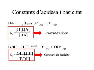 1a.Teoria d’Arrhenius: Àcid: substància que conté H en la fórmula i en dissolució aquosa es separa de la molècula i dóna ions hidrogen, H +   (aq)  . HCl + H 2 O Cl -   (aq)  + H +   (aq) Base: substància que conté OH en la fórmula i en dissolució aquosa es separa de la molècula i dóna ions hidròxid, OH -   (aq)  . NaOH + H 2 O   Na +   (aq)  + OH -   (aq) 