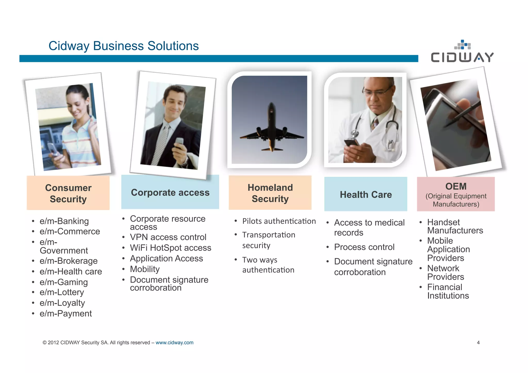 Cidway Business Solutions




   Consumer                                                             Homeland                                                  OEM
                                      Corporate access                                                  Health Care         (Original Equipment
    Security                                                             Security                                             Manufacturers)

•  e/m-Banking                     •  Corporate resource            •  Pilots	
  authen-ca-on	
   •    Access to medical  •  Handset
                                      access                                                                                 Manufacturers
•  e/m-Commerce                                                     •  Transporta-on	
                 records
                                   •  VPN access control                                                                  •  Mobile
•  e/m-                                                                security	
  
   Government                      •  WiFi HotSpot access                                         •    Process control       Application
•  e/m-Brokerage                   •  Application Access            •  Two	
  ways	
              •    Document signature    Providers
•  e/m-Health care                 •  Mobility                         authen-ca-on	
                  corroboration      •  Network
                                   •  Document signature                                                                     Providers
•  e/m-Gaming
                                      corroboration                                                                       •  Financial
•  e/m-Lottery                                                                                                               Institutions
•  e/m-Loyalty
•  e/m-Payment


  © 2012 CIDWAY Security SA. All rights reserved – www.cidway.com                                                                           4
 