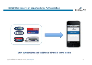 BYOD Use Case 1: an opportunity for Authentication




                        OK




                        Shift cumbersome and expensive hardware to the Mobile


© 2012 CIDWAY Security SA. All rights reserved – www.cidway.com                 10
 