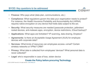 BYOD: Key questions to be addressed

  •  Finance: Who pays what (data plan, communications, etc.)
  •  Compliance: What regulations govern the data your organization needs to protect?
     For instance, the Health Insurance Portability and Accountability Act (HIPAA)
     requires native encryption on any device that holds data subject to the act.
  •  Security: What security measures are needed (passcode protection, jailbroken/
     rooted devices, anti-malware apps, encryption, device restrictions, iCloud backup)?
  •  Applications: What apps are forbidden? IP scanning, data sharing, Dropbox?
  •  Agreements: Is there an Acceptable Usage Agreement (AUA) for employee
     devices with corporate data?
  •  Services: What kinds of resources can employees access—email? Certain
     wireless networks or VPNs? CRM?
  •  Privacy: What data is collected from employees’ devices? What personal data is
     never collected?
  •  Legal: who’s responsible in case of loss, stolen device
                                        Create the Policy before procuring Technology
© 2012 CIDWAY Security SA. All rights reserved – www.cidway.com                            9
 