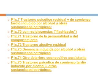 F1x.7 Trastorno psicótico residual y de comienzo tardío inducido por alcohol u otras sustanciaspsicotrópicas:F1x.70 con reviviscencias ("flashbacks")F1x.71 Trastorno de la personalidad o del comportamientoF1x.72 Trastorno afectivo residualF1x.73 Demencia inducida por alcohol u otras sustanciaspsicotrópicasF1x.74 Otro deterioro cognoscitivo persistenteF1x.75 Trastorno psicótico de comienzo tardío inducido por alcohol u otras sustanciaspsicotrópicas.