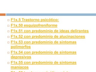 F1x.5 Trastorno psicótico:F1x.50 esquizofreniformeF1x.51 con predominio de ideas delirantesF1x.52 con predominio de alucinacionesF1x.53 con predominio de síntomas polimorfosF1x.54 con predominio de síntomas depresivosF1x.55 con predominio de síntomas maníacosF1x.56 trastorno psicótico mixto