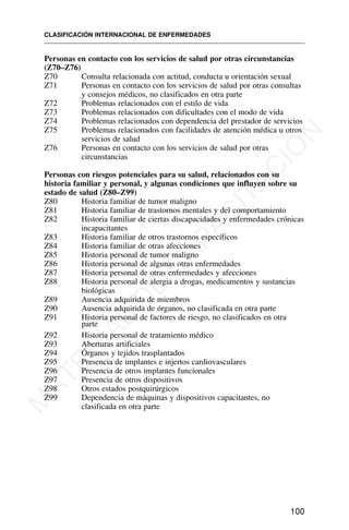Personas en contacto con los servicios de salud por otras circunstancias
(Z70–Z76)
Z70 Consulta relacionada con actitud, conducta u orientación sexual
Z71 Personas en contacto con los servicios de salud por otras consultas
y consejos médicos, no clasificados en otra parte
Z72 Problemas relacionados con el estilo de vida
Z73 Problemas relacionados con dificultades con el modo de vida
Z74 Problemas relacionados con dependencia del prestador de servicios
Z75 Problemas relacionados con facilidades de atención médica u otros
servicios de salud
Z76 Personas en contacto con los servicios de salud por otras
circunstancias
Personas con riesgos potenciales para su salud, relacionados con su
historia familiar y personal, y algunas condiciones que influyen sobre su
estado de salud (Z80–Z99)
Z80 Historia familiar de tumor maligno
Z81 Historia familiar de trastornos mentales y del comportamiento
Z82 Historia familiar de ciertas discapacidades y enfermedades crónicas
incapacitantes
Z83 Historia familiar de otros trastornos específicos
Z84 Historia familiar de otras afecciones
Z85 Historia personal de tumor maligno
Z86 Historia personal de algunas otras enfermedades
Z87 Historia personal de otras enfermedades y afecciones
Z88 Historia personal de alergia a drogas, medicamentos y sustancias
biológicas
Z89 Ausencia adquirida de miembros
Z90 Ausencia adquirida de órganos, no clasificada en otra parte
Z91 Historia personal de factores de riesgo, no clasificados en otra
parte
Z92 Historia personal de tratamiento médico
Z93 Aberturas artificiales
Z94 Órganos y tejidos trasplantados
Z95 Presencia de implantes e injertos cardiovasculares
Z96 Presencia de otros implantes funcionales
Z97 Presencia de otros dispositivos
Z98 Otros estados postquirúrgicos
Z99 Dependencia de máquinas y dispositivos capacitantes, no
clasificada en otra parte
CLASIFICACIÓN INTERNACIONAL DE ENFERMEDADES
100
M
A
T
E
R
I
A
L
D
E
C
A
P
A
C
I
T
A
C
I
Ó
N
 