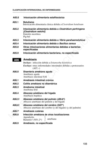 A05.0 Intoxicación alimentaria estafilocócica
A05.1 Botulismo
Intoxicación alimentaria clásica debida a Clostridium botulinum
A05.2 Intoxicación alimentaria debida a Clostridium perfringens
[Clostridium welchii]
Enteritis necrótica
Pig-bel
A05.3 Intoxicación alimentaria debida a Vibrio parahaemolyticus
A05.4 Intoxicación alimentaria debida a Bacillus cereus
A05.8 Otras intoxicaciones alimentarias debidas a bacterias
especificadas
A05.9 Intoxicación alimentaria bacteriana, no especificada
A
A06 Amebiasis
Incluye: infección debida a Entamoeba histolytica
Excluye: otras enfermedades intestinales debidas a protozoarios
(A07.–)
A06.0 Disentería amebiana aguda
Amebiasis aguda
Amebiasis intestinal SAI
A06.1 Amebiasis intestinal crónica
A06.2 Colitis amebiana no disentérica
A06.3 Ameboma intestinal
Ameboma SAI
A06.4 Absceso amebiano del hígado
Amebiasis hepática
A06.5† Absceso amebiano del pulmón (J99.8*)
Absceso amebiano del pulmón y del hígado
A06.6† Absceso amebiano del cerebro (G07*)
Absceso amebiano del cerebro (y del hígado) (y del pulmón)
A06.7 Amebiasis cutánea
A06.8 Infección amebiana de otras localizaciones
Apendicitis
Balanitis† (N51.2*)
A06.9 Amebiasis, no especificada
CLASIFICACIÓN INTERNACIONAL DE ENFERMEDADES
108
amebiana
⎫
⎬
⎭
M
A
T
E
R
I
A
L
D
E
C
A
P
A
C
I
T
A
C
I
Ó
N
 