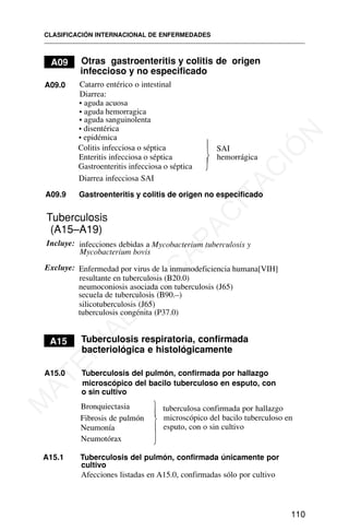 CLASIFICACIÓN INTERNACIONAL DE ENFERMEDADES
110
AA09 Otras gastroenteritis y colitis de origen
infeccioso y no especificado
Catarro entérico o intestinal
⎫
⎪ SAI
Colitis infecciosa o séptica
Enteritis infecciosa o séptica ⎬ hemorrágica
Gastroenteritis infecciosa o séptica ⎭
Diarrea:
• aguda acuosa
Diarrea infecciosa SAI
Tuberculosis
(A15–A19)
Incluye: infecciones debidas a Mycobacterium tuberculosis y
Mycobacterium bovis
Excluye:
neumoconiosis asociada con tuberculosis (J65)
secuela de tuberculosis (B90.–)
silicotuberculosis (J65)
tuberculosis congénita (P37.0)
A15 Tuberculosis respiratoria, confirmada
bacteriológica e histológicamente
A15.0 Tuberculosis del pulmón, confirmada por hallazgo
microscópico del bacilo tuberculoso en esputo, con
o sin cultivo
Bronquiectasia ⎫
⎪
tuberculosa confirmada por hallazgo
Fibrosis de pulmón ⎬ microscópico del bacilo tuberculoso en
Neumotórax
Neumonía
⎭
⎪ esputo, con o sin cultivo
A15.1 Tuberculosis del pulmón, confirmada únicamente por
cultivo
Afecciones listadas en A15.0, confirmadas sólo por cultivo
• aguda hemorragica
• aguda sanguinolenta
• disentérica
• epidémica
Enfermedad por virus de la inmunodeficiencia humana[VIH]
resultante en tuberculosis (B20.0)
A09.0
A09.9 Gastroenteritis y colitis de origen no especificado
M
A
T
E
R
I
A
L
D
E
C
A
P
A
C
I
T
A
C
I
Ó
N
 