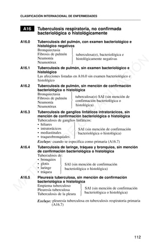 A16 Tuberculosis respiratoria, no confirmada
bacteriológica o histológicamente
A16.0 Tuberculosis del pulmón, con examen bacteriológico e
histológico negativos
Bronquiectasia
Fibrosis de pulmón
Neumonía
Neumotórax
A16.1 Tuberculosis de pulmón, sin examen bacteriológico e
histológico
Las afecciones listadas en A16.0 sin examen bacteriológico e
histológico
A16.2 Tuberculosis de pulmón, sin mención de confirmación
bacteriológica o histológica
Bronquiectasia
Fibrosis de pulmón
Neumonía
Neumotórax
A16.3 Tuberculosis de ganglios linfáticos intratorácicos, sin
mención de confirmación bacteriológica o histológica
Tuberculosis de ganglios linfáticos:
• hiliares
• intratorácicos
• mediastinales
• traqueobronquiales
Excluye: cuando se especifica como primaria (A16.7)
A16.4 Tuberculosis de laringe, tráquea y bronquios, sin mención
de confirmación bacteriológica o histológica
Tuberculosis de:
• bronquios
• glotis
• laringe
• tráquea
A16.5 Pleuresía tuberculosa, sin mención de confirmación
bacteriológica o histológica
Empiema tuberculoso
Pleuresía tuberculosa
Tuberculosis de la pleura
Excluye: pleuresía tuberculosa en tuberculosis respiratoria primaria
(A16.7)
CLASIFICACIÓN INTERNACIONAL DE ENFERMEDADES
112
tuberculosa(o), bacteriológica e
histológicamente negativas
tuberculosa(o) SAI (sin mención de
confirmación bacteriológica o
histológica)
⎫
⎪
⎬
⎪
⎭
⎫
⎪
⎬
⎪
⎭
SAI (sin mención de confirmación
bacteriológica o histológica)
⎫
⎪
⎬
⎪
⎭
SAI (sin mención de confirmación
bacteriológica o histológica)
SAI (sin mención de confirmación
bacteriológica o histológica)
⎫
⎪
⎬
⎪
⎭
⎫
⎪
⎬
⎪
⎭
M
A
T
E
R
I
A
L
D
E
C
A
P
A
C
I
T
A
C
I
Ó
N
 
