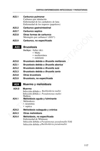 A22.1 Carbunco pulmonar
Carbunco por inhalación
Enfermedad de los cardadores de lana
Enfermedad de los traperos (papeleros)
A22.2 Carbunco gastrointestinal
A22.7 Carbunco septico
A22.8 Otras formas de carbunco
Meningitis por carbunco† (G01*)
A22.9 Carbunco, no especificado
A23 Brucelosis
Incluye: fiebre (de):
• Malta
• mediterránea
• ondulante
A23.0 Brucelosis debida a Brucella melitensis
A23.1 Brucelosis debida a Brucella abortus
A23.2 Brucelosis debida a Brucella suis
A23.3 Brucelosis debida a Brucella canis
A23.8 Otras brucelosis
A23.9 Brucelosis, no especificada
A24 Muermo y melioidosis
A24.0 Muermo
Infección debida a Pseudomonas mallei
Malleus
A24.1 Melioidosis aguda y fulminante
Melioidosis:
• neumónia
• septica
A24.2 Melioidosis subaguda y crónica
A24.3 Otras melioidosis
A24.4 Melioidosis, no especificada
Enfermedad de Whitmore
Infección debida a Pseudomonas pseudomallei SAI
CIERTAS ENFERMEDADES INFECCIOSAS Y PARASITARIAS
117
Infección debida a Burkholderia mallei
Infección debida a Burkholderia pseudomallei
M
A
T
E
R
I
A
L
D
E
C
A
P
A
C
I
T
A
C
I
Ó
N
 