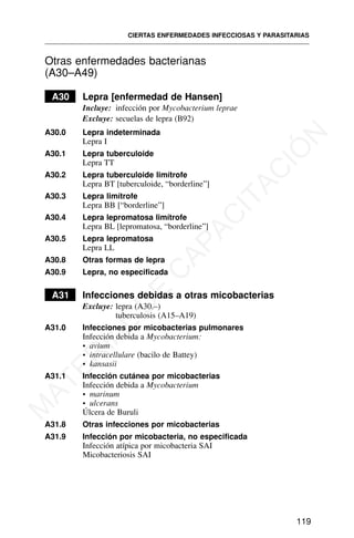 Otras enfermedades bacterianas
(A30–A49)
A30 Lepra [enfermedad de Hansen]
Incluye: infección por Mycobacterium leprae
Excluye: secuelas de lepra (B92)
A30.0 Lepra indeterminada
Lepra I
A30.1 Lepra tuberculoide
Lepra TT
A30.2 Lepra tuberculoide limítrofe
Lepra BT [tuberculoide, “borderline”]
A30.3 Lepra limítrofe
Lepra BB [“borderline”]
A30.4 Lepra lepromatosa limítrofe
Lepra BL [lepromatosa, “borderline”]
A30.5 Lepra lepromatosa
Lepra LL
A30.8 Otras formas de lepra
A30.9 Lepra, no especificada
A31 Infecciones debidas a otras micobacterias
Excluye: lepra (A30.–)
tuberculosis (A15–A19)
A31.0 Infecciones por micobacterias pulmonares
Infección debida a Mycobacterium:
• avium
• intracellulare (bacilo de Battey)
• kansasii
A31.1 Infección cutánea por micobacterias
Infección debida a Mycobacterium
• marinum
• ulcerans
Úlcera de Buruli
A31.8 Otras infecciones por micobacterias
A31.9 Infección por micobacteria, no especificada
Infección atípica por micobacteria SAI
Micobacteriosis SAI
CIERTAS ENFERMEDADES INFECCIOSAS Y PARASITARIAS
119
M
A
T
E
R
I
A
L
D
E
C
A
P
A
C
I
T
A
C
I
Ó
N
 