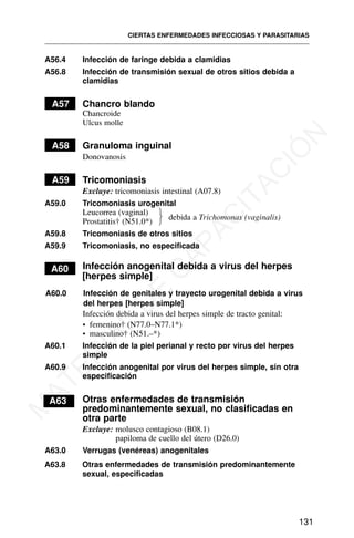 A56.4 Infección de faringe debida a clamidias
A56.8 Infección de transmisión sexual de otros sitios debida a
clamidias
A57 Chancro blando
Chancroide
Ulcus molle
A58 Granuloma inguinal
Donovanosis
A59 Tricomoniasis
Excluye: tricomoniasis intestinal (A07.8)
A59.0 Tricomoniasis urogenital
Leucorrea (vaginal)
Prostatitis† (N51.0*)
A59.8 Tricomoniasis de otros sitios
A59.9 Tricomoniasis, no especificada
A60 Infección anogenital debida a virus del herpes
[herpes simple]
A60.0 Infección de genitales y trayecto urogenital debida a virus
del herpes [herpes simple]
Infección debida a virus del herpes simple de tracto genital:
• femenino† (N77.0–N77.1*)
• masculino† (N51.–*)
A60.1 Infección de la piel perianal y recto por virus del herpes
simple
A60.9 Infección anogenital por virus del herpes simple, sin otra
especificación
A63 Otras enfermedades de transmisión
predominantemente sexual, no clasificadas en
otra parte
Excluye: molusco contagioso (B08.1)
papiloma de cuello del útero (D26.0)
A63.0 Verrugas (venéreas) anogenitales
A63.8 Otras enfermedades de transmisión predominantemente
sexual, especificadas
CIERTAS ENFERMEDADES INFECCIOSAS Y PARASITARIAS
131
debida a Trichomonas (vaginalis)
⎫
⎬
⎭
M
A
T
E
R
I
A
L
D
E
C
A
P
A
C
I
T
A
C
I
Ó
N
 