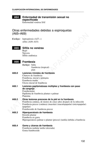A64 Enfermedad de transmisión sexual no
especificada
Enfermedad venérea SAI
Otras enfermedades debidas a espiroquetas
(A65–A69)
Excluye: leptospirosis (A27.–)
sífilis (A50–A53)
A65 Sífilis no venérea
Bejel
Njovera
Sífilis endémica
A66 Frambesia
Incluye: buba
frambesia (tropical)
pian
A66.0 Lesiones iniciales de frambesia
Chancro de frambesia
Frambesia, inicial o primaria
Frambesia madre
Úlcera inicial de frambesia
A66.1 Lesiones papilomatosas múltiples y frambesia con paso
de cangrejo
Frambesioma
Papiloma de frambesia plantar o palmar
Pianoma
A66.2 Otras lesiones precoces de la piel en la frambesia
Frambesia cutánea, de menos de cinco años después de la infección
Frambesia precoz (cutánea) (macular) (maculopapular) (micropapular)
(papular)
Frambesoide de frambesia precoz
A66.3 Hiperqueratosis de frambesia
Erosión plantar
Frambesia en garra
Hiperqueratosis palmar o plantar (precoz) (tardía) debida a frambesia
A66.4 Goma y úlceras de frambesia
Frambesia nodular tardía (ulcerada)
Goma frambesoide
CLASIFICACIÓN INTERNACIONAL DE ENFERMEDADES
132
M
A
T
E
R
I
A
L
D
E
C
A
P
A
C
I
T
A
C
I
Ó
N
 