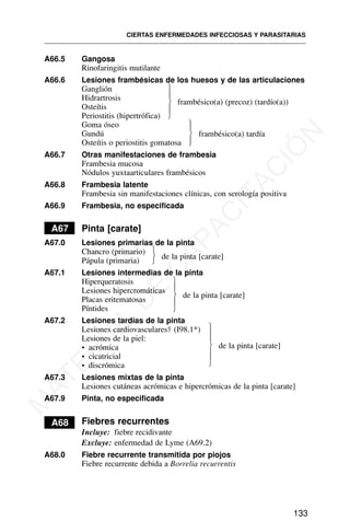 A66.5 Gangosa
Rinofaringitis mutilante
A66.6 Lesiones frambésicas de los huesos y de las articulaciones
Ganglión
Hidrartrosis
Osteítis
Periostitis (hipertrófica)
Goma óseo
Gundú
Osteítis o periostitis gomatosa
A66.7 Otras manifestaciones de frambesia
Frambesia mucosa
Nódulos yuxtaarticulares frambésicos
A66.8 Frambesia latente
Frambesia sin manifestaciones clínicas, con serología positiva
A66.9 Frambesia, no especificada
A67 Pinta [carate]
A67.0 Lesiones primarias de la pinta
Chancro (primario)
Pápula (primaria)
A67.1 Lesiones intermedias de la pinta
Hiperqueratosis
Lesiones hipercromáticas
Placas eritematosas
Píntides
A67.2 Lesiones tardías de la pinta
Lesiones cardiovasculares† (I98.1*)
Lesiones de la piel:
• acrómica
• cicatricial
• discrómica
A67.3 Lesiones mixtas de la pinta
Lesiones cutáneas acrómicas e hipercrómicas de la pinta [carate]
A67.9 Pinta, no especificada
A68 Fiebres recurrentes
Incluye: fiebre recidivante
Excluye: enfermedad de Lyme (A69.2)
A68.0 Fiebre recurrente transmitida por piojos
Fiebre recurrente debida a Borrelia recurrentis
CIERTAS ENFERMEDADES INFECCIOSAS Y PARASITARIAS
133
frambésico(a) (precoz) (tardío(a))
frambésico(a) tardía
de la pinta [carate]
⎫
⎬
⎭
⎫
⎪
⎬
⎪
⎭
⎫
⎪
⎬
⎪
⎭
de la pinta [carate]
⎫
⎪
⎬
⎪
⎭
de la pinta [carate]
⎫
⎪
⎪
⎬
⎪
⎪
⎭
M
A
T
E
R
I
A
L
D
E
C
A
P
A
C
I
T
A
C
I
Ó
N
 