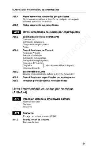 A68.1 Fiebre recurrente transmitida por garrapatas
Fiebre recurrente debida a Borrelia de cualquier otra especie
diferente a Borrelia recurrentis
A68.9 Fiebre recurrente, no especificada
A69 Otras infecciones causadas por espiroquetas
A69.0 Estomatitis ulcerativa necrotizante
Cancrum oris
Estomatitis gangrenosa
Gangrena fusoespiroquética
Noma
A69.1 Otras infecciones de Vincent
Angina de Vincent
Boca de trinchera(s)
Estomatitis espiroquética
Faringitis fusoespiroquética
Gingivitis de Vincent
Gingivitis
Gingivoestomatitis
A69.2 Enfermedad de Lyme
Eritema crónico migrante debido a Borrelia burgdorferi
A69.8 Otras infecciones especificadas por espiroquetas
A69.9 Infección por espiroqueta, no especificada
Otras enfermedades causadas por clamidias
(A70–A74)
A70 Infección debida a Chlamydia psittaci
Fiebre de los loros
Ornitosis
Psitacosis
A71 Tracoma
Excluye: secuela de tracoma (B94.0)
A71.0 Estado inicial de tracoma
Tracoma dubium
CLASIFICACIÓN INTERNACIONAL DE ENFERMEDADES
134
ulcerativa necrotizante (aguda)
⎫
⎬
⎭
M
A
T
E
R
I
A
L
D
E
C
A
P
A
C
I
T
A
C
I
Ó
N
 