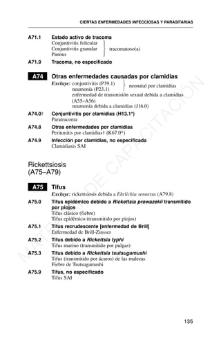 A71.1 Estado activo de tracoma
Conjuntivitis folicular
Conjuntivitis granular
Pannus
A71.9 Tracoma, no especificado
A74 Otras enfermedades causadas por clamidias
Excluye: conjuntivitis (P39.1)
neumonía (P23.1)
enfermedad de transmisión sexual debida a clamidias
(A55–A56)
neumonía debida a clamidias (J16.0)
A74.0† Conjuntivitis por clamidias (H13.1*)
Paratracoma
A74.8 Otras enfermedades por clamidias
Peritonitis por clamidias† (K67.0*)
A74.9 Infección por clamidias, no especificada
Clamidiasis SAI
Rickettsiosis
(A75–A79)
A75 Tifus
Excluye: rickettsiosis debida a Ehrlichia sennetsu (A79.8)
A75.0 Tifus epidémico debido a Rickettsia prowazekii transmitido
por piojos
Tifus clásico (fiebre)
Tifus epidémico (transmitido por piojos)
A75.1 Tifus recrudescente [enfermedad de Brill]
Enfermedad de Brill-Zinsser
A75.2 Tifus debido a Rickettsia typhi
Tifus murino (transmitido por pulgas)
A75.3 Tifus debido a Rickettsia tsutsugamushi
Tifus (transmitido por ácaros) de las malezas
Fiebre de Tsutsugamushi
A75.9 Tifus, no especificado
Tifus SAI
CIERTAS ENFERMEDADES INFECCIOSAS Y PARASITARIAS
135
tracomatoso(a)
⎫
⎪
⎬
⎪
⎭
neonatal por clamidias
⎫
⎬
⎭
M
A
T
E
R
I
A
L
D
E
C
A
P
A
C
I
T
A
C
I
Ó
N
 