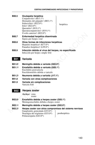 B00.5 Oculopatía herpética
Conjuntivitis† (H13.1*)
Dermatitis del párpado† (H03.1*)
Iridociclitis† (H22.0*)
Iritis† (H22.0*)
Queratitis† (H19.1*)
Queratoconjuntivitis† (H19.1*)
Uveítis anterior† (H22.0*)
B00.7 Enfermedad herpética diseminada
Sepsis por herpes viral
B00.8 Otras formas de infecciones herpéticas
Hepatitis herpética† (K77.0*)
Panadizo herpético† (L99.8*)
B00.9 Infección debida al virus del herpes, no especificada
Infección por herpes simple SAI
B01 Varicela
B01.0† Meningitis debida a varicela (G02.0*)
B01.1† Encefalitis debida a varicela (G05.1*)
Encefalitis postvaricela
Encefalomielitis debida a varicela
B01.2† Neumonía debida a varicela (J17.1*)
B01.8 Varicela con otras complicaciones
B01.9 Varicela sin complicaciones
Varicela SAI
B02 Herpes zoster
Incluye: zona
zoster
B02.0† Encefalitis debida a herpes zoster (G05.1*)
Meningoencefalitis debida a herpes zoster
B02.1† Meningitis debida a herpes zoster (G02.0*)
B02.2† Herpes zoster con otros compromisos del sistema nervioso
Ganglionitis geniculada (G53.0*)
Neuralgia del trigémino (G53.0*)
Polineuropatía (G63.0*)
CIERTAS ENFERMEDADES INFECCIOSAS Y PARASITARIAS
143
postherpética
⎫
⎪
⎬
⎪
⎭
⎫
⎪
⎪
⎪
⎬
⎪
⎪
⎪
⎭
herpética
M
A
T
E
R
I
A
L
D
E
C
A
P
A
C
I
T
A
C
I
Ó
N
 