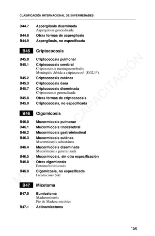 B44.7 Aspergilosis diseminada
Aspergilosis generalizada
B44.8 Otras formas de aspergilosis
B44.9 Aspergilosis, no especificada
B45 Criptococosis
B45.0 Criptococosis pulmonar
B45.1 Criptococosis cerebral
Criptococosis meningocerebralis
Meningitis debida a criptococos† (G02.1*)
B45.2 Criptococosis cutánea
B45.3 Criptococosis ósea
B45.7 Criptococosis diseminada
Criptococosis generalizada
B45.8 Otras formas de criptococosis
B45.9 Criptococosis, no especificada
B46 Cigomicosis
B46.0 Mucormicosis pulmonar
B46.1 Mucormicosis rinocerebral
B46.2 Mucormicosis gastrointestinal
B46.3 Mucormicosis cutánea
Mucormicosis subcutánea
B46.4 Mucormicosis diseminada
Mucormicosis generalizada
B46.5 Mucormicosis, sin otra especificación
B46.8 Otras cigomicosis
Entomoftoromicosis
B46.9 Cigomicosis, no especificada
Ficomicosis SAI
B47 Micetoma
B47.0 Eumicetoma
Maduromicosis
Pie de Madura micótico
B47.1 Actinomicetoma
CLASIFICACIÓN INTERNACIONAL DE ENFERMEDADES
156
M
A
T
E
R
I
A
L
D
E
C
A
P
A
C
I
T
A
C
I
Ó
N
 