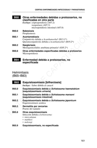 B60 Otras enfermedades debidas a protozoarios, no
clasificadas en otra parte
Excluye: criptosporidiosis (A07.2)
isosporiasis (A07.3)
microsporidiosis intestinal (A07.8)
B60.0 Babesiosis
Piroplasmosis
B60.1 Acantamebiasis
Conjuntivitis debida a Acanthamoeba† (H13.1*)
Queratoconjuntivitis debida a Acanthamoeba† (H19.2*)
B60.2 Naegleriasis
Meningoencefalitis amebiana primaria† (G05.2*)
B60.8 Otras enfermedades especificadas debidas a protozarios
Microsporidiosis
B64 Enfermedad debida a protozoarios, no
especificada
Helmintiasis
(B65–B83)
B65 Esquistosomiasis [bilharziasis]
Incluye: fiebre debida al caracol
B65.0 Esquistosomiasis debida a Schistosoma haematobium
[esquistosomiasis urinaria]
B65.1 Esquistosomiasis debida a Schistosoma mansoni
[esquistosomiasis intestinal]
B65.2 Esquistosomiasis debida a Schistosoma japonicum
Esquistosomiasis asiática
B65.3 Dermatitis por cercarias
Prurito del nadador
B65.8 Otras esquistosomiasis
Infección debida a Schistosoma:
• intercalatum
• mattheei
• mekongi
B65.9 Esquistosomiasis, no especificada
CIERTAS ENFERMEDADES INFECCIOSAS Y PARASITARIAS
161
M
A
T
E
R
I
A
L
D
E
C
A
P
A
C
I
T
A
C
I
Ó
N
 