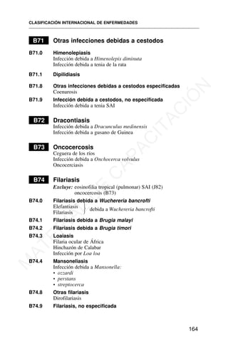 B71 Otras infecciones debidas a cestodos
B71.0 Himenolepiasis
Infección debida a Himenolepis diminuta
Infección debida a tenia de la rata
B71.1 Dipilidiasis
B71.8 Otras infecciones debidas a cestodos especificadas
Coenurosis
B71.9 Infección debida a cestodos, no especificada
Infección debida a tenia SAI
B72 Dracontiasis
Infección debida a Dracunculus medinensis
Infección debida a gusano de Guinea
B73 Oncocercosis
Ceguera de los ríos
Infección debida a Onchocerca volvulus
Oncocerciasis
B74 Filariasis
Excluye: eosinofilia tropical (pulmonar) SAI (J82)
oncocercosis (B73)
B74.0 Filariasis debida a Wuchereria bancrofti
Elefantiasis
Filariasis
B74.1 Filariasis debida a Brugia malayi
B74.2 Filariasis debida a Brugia timori
B74.3 Loaiasis
Filaria ocular de África
Hinchazón de Calabar
Infección por Loa loa
B74.4 Mansoneliasis
Infección debida a Mansonella:
• ozzardi
• perstans
• streptocerca
B74.8 Otras filariasis
Dirofilariasis
B74.9 Filariasis, no especificada
CLASIFICACIÓN INTERNACIONAL DE ENFERMEDADES
164
debida a Wuchereria bancrofti
⎫
⎬
⎭
M
A
T
E
R
I
A
L
D
E
C
A
P
A
C
I
T
A
C
I
Ó
N
 