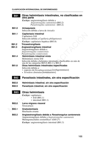 B81 Otras helmintiasis intestinales, no clasificadas en
otra parte
Excluye: angioestrongiliasis debida a
Angiostrongylus cantonensis (B83.2)
B81.0 Anisaquiasis
Infección debida a larva de Anisakis
B81.1 Capilariasis intestinal
Capilariasis SAI
Infección debida a Capillaria philippinensis
Excluye: capilariasis hepática (B83.8)
B81.2 Tricoestrongiliasis
B81.3 Angioestrongiliasis intestinal
Angioestrongiliasis debida a
Angiostrongylus costaricensis
B81.4 Helmintiasis intestinal mixta
Helmintiasis mixta SAI
Infección debida a helmintos intestinales clasificables en más de
una de las categorías B65.0–B81.3 y B81.8
B81.8 Otras helmintiasis intestinales especificadas
Infección debida a:
• especies de Oesophagostomum [esofagostomiasis]
• Ternidens diminutus[ternidensiasis]
B82 Parasitosis intestinales, sin otra especificación
B82.0 Helmintiasis intestinal, sin otra especificación
B82.9 Parasitosis intestinal, sin otra especificación
B83 Otras helmintiasis
Excluye: capilariasis:
• SAI (B81.1)
• intestinal (B81.1)
B83.0 Larva migrans visceral
Toxocariasis
B83.1 Gnatostomiasis
Hinchazón errante
B83.2 Angioestrongiliasis debida a Parastrongylus cantonensis
Angioestrongiliasis debida a Angiostrongylus cantonensis
Meningoencefalitis eosinofílica† (G05.2*)
Excluye: angioestrongiliasis intestinal (B81.3)
CLASIFICACIÓN INTERNACIONAL DE ENFERMEDADES
166
Parastrongylus cantonensis (B83.2)
Parastrongylus costaricensis
M
A
T
E
R
I
A
L
D
E
C
A
P
A
C
I
T
A
C
I
Ó
N
 