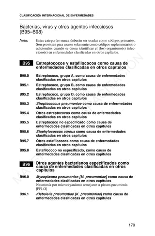 Bacterias, virus y otros agentes infecciosos
(B95–B98)
Nota: Estas categorías nunca deberán ser usadas como códigos primarios.
Son provistas para usarse solamente como códigos suplementarios o
adicionales cuando se desea identificar el (los) organismo(s) infec-
cioso(s) en enfermedades clasificadas en otros capítulos.
B95 Estreptococos y estafilococos como causa de
enfermedades clasificadas en otros capítulos
B95.0 Estreptococo, grupo A, como causa de enfermedades
clasificadas en otros capítulos
B95.1 Estreptococo, grupo B, como causa de enfermedades
clasificadas en otros capítulos
B95.2 Estreptococo, grupo D, como causa de enfermedades
clasificadas en otros capítulos
B95.3 Streptococcus pneumoniae como causa de enfermedades
clasificadas en otros capítulos
B95.4 Otros estreptococos como causa de enfermedades
clasificadas en otros capítulos
B95.5 Estreptococo no especificado como causa de
enfermedades clasificadas en otros capítulos
B95.6 Staphylococcus aureus como causa de enfermedades
clasificadas en otros capítulos
B95.7 Otros estafilococos como causa de enfermedades
clasificadas en otros capítulos
B95.8 Estafilococo no especificado, como causa de
enfermedades clasificadas en otros capítulos
B96 Otros agentes bacterianos especificados como
causa de enfermedades clasificadas en otros
capítulos
B96.0 Mycoplasma pneumoniae [M. pneumoniae] como causa de
enfermedades clasificadas en otros capítulos
Neumonía por microorganismo semejante a pleuro-pneumonía
[PPLO]
B96.1 Klebsiella pneumoniae [K. pneumoniae] como causa de
enfermedades clasificadas en otros capítulos
CLASIFICACIÓN INTERNACIONAL DE ENFERMEDADES
170
M
A
T
E
R
I
A
L
D
E
C
A
P
A
C
I
T
A
C
I
Ó
N
 