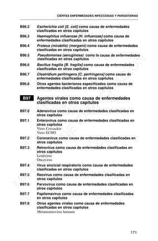 B96.2 Escherichia coli [E. coli] como causa de enfermedades
clasificadas en otros capítulos
B96.3 Haemophilus influenzae [H. influenzae] como causa de
enfermedades clasificadas en otros capítulos
B96.4 Proteus (mirabilis) (morganii) como causa de enfermedades
clasificadas en otros capítulos
B96.5 Pseudomonas (aeruginosa) como la causa de enfermedades
B96.6 Bacillus fragilis [B. fragilis] como causa de enfermedades
clasificadas en otros capítulos
B96.7 Clostridium perfringens [C. perfringens] como causa de
enfermedades clasificadas en otros capítulos
B96.8 Otros agentes bacterianos especificados como causa de
enfermedades clasificadas en otros capítulos
B97 Agentes virales como causa de enfermedades
clasificadas en otros capítulos
B97.0 Adenovirus como causa de enfermedades clasificadas en
otros capítulos
B97.1 Enterovirus como causa de enfermedades clasificadas en
otros capítulos
Virus Coxsackie
Virus ECHO
B97.2 Coronavirus como causa de enfermedades clasificadas en
otros capítulos
B97.3 Retrovirus como causa de enfermedades clasificadas en
otros capítulos
Lentivirus
Oncovirus
B97.4 Virus sincicial respiratorio como causa de enfermedades
clasificadas en otros capítulos
B97.5 Reovirus como causa de enfermedades clasificadas en
otros capítulos
B97.6 Parvovirus como causa de enfermedades clasificadas en
otros capítulos
B97.7 Papilomavirus como causa de enfermedades clasificadas
en otros capítulos
B97.8 Otros agentes virales como causa de enfermedades
clasificadas en otros capítulos
CIERTAS ENFERMEDADES INFECCIOSAS Y PARASITARIAS
171
clasificadas en otros capitulos
Metaneumovirus humano
M
A
T
E
R
I
A
L
D
E
C
A
P
A
C
I
T
A
C
I
Ó
N
 