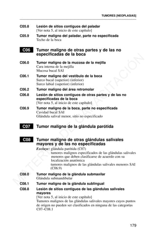 C05.8 Lesión de sitios contiguos del paladar
[Ver nota 5, al inicio de este capítulo]
C05.9 Tumor maligno del paladar, parte no especificada
Techo de la boca
C06 Tumor maligno de otras partes y de las no
especificadas de la boca
C06.0 Tumor maligno de la mucosa de la mejilla
Cara interna de la mejilla
Mucosa bucal SAI
C06.1 Tumor maligno del vestíbulo de la boca
Surco bucal (superior) (inferior)
Surco labial (superior) (inferior)
C06.2 Tumor maligno del área retromolar
C06.8 Lesión de sitios contiguos de otras partes y de las no
especificadas de la boca
[Ver nota 5, al inicio de este capítulo]
C06.9 Tumor maligno de la boca, parte no especificada
Cavidad bucal SAI
Glándula salival menor, sitio no especificado
C07 Tumor maligno de la glándula parótida
C08 Tumor maligno de otras glándulas salivales
mayores y de las no especificadas
Excluye: glándula parótida (C07)
tumores malignos especificados de las glándulas salivales
menores que deben clasificarse de acuerdo con su
localización anatómica
tumores malignos de las glándulas salivales menores SAI
(C06.9)
C08.0 Tumor maligno de la glándula submaxilar
Glándula submandibular
C08.1 Tumor maligno de la glándula sublingual
C08.8 Lesión de sitios contiguos de las glándulas salivales
mayores
[Ver nota 5, al inicio de este capítulo]
Tumores malignos de las glándulas salivales mayores cuyos puntos
de origen no pueden ser clasificados en ninguna de las categorías
C07–C08.1
TUMORES [NEOPLASIAS]
179
M
A
T
E
R
I
A
L
D
E
C
A
P
A
C
I
T
A
C
I
Ó
N
 