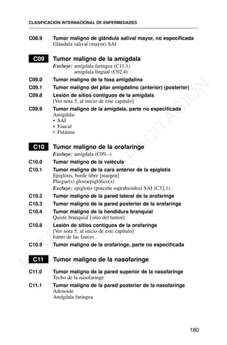 C08.9 Tumor maligno de glándula salival mayor, no especificada
Glándula salival (mayor) SAI
C09 Tumor maligno de la amígdala
Excluye: amígdala faríngea (C11.1)
amígdala lingual (C02.4)
C09.0 Tumor maligno de la fosa amigdalina
C09.1 Tumor maligno del pilar amigdalino (anterior) (posterior)
C09.8 Lesión de sitios contiguos de la amígdala
[Ver nota 5, al inicio de este capítulo]
C09.9 Tumor maligno de la amígdala, parte no especificada
Amígdala:
• SAI
• Faucal
• Palatina
C10 Tumor maligno de la orofaringe
Excluye: amígdala (C09.–)
C10.0 Tumor maligno de la valécula
C10.1 Tumor maligno de la cara anterior de la epiglotis
Epiglotis, borde libre [margen]
Pliegue(s) glosoepiglótico(s)
Excluye: epiglotis (porción suprahioidea) SAI (C32.1)
C10.2 Tumor maligno de la pared lateral de la orofaringe
C10.3 Tumor maligno de la pared posterior de la orofaringe
C10.4 Tumor maligno de la hendidura branquial
Quiste branquial [sitio del tumor]
C10.8 Lesión de sitios contiguos de la orofaringe
[Ver nota 5, al inicio de este capítulo]
Istmo de las fauces
C10.9 Tumor maligno de la orofaringe, parte no especificada
C11 Tumor maligno de la nasofaringe
C11.0 Tumor maligno de la pared superior de la nasofaringe
Techo de la nasofaringe
C11.1 Tumor maligno de la pared posterior de la nasofaringe
Adenoide
Amígdala faríngea
CLASIFICACIÓN INTERNACIONAL DE ENFERMEDADES
180
M
A
T
E
R
I
A
L
D
E
C
A
P
A
C
I
T
A
C
I
Ó
N
 
