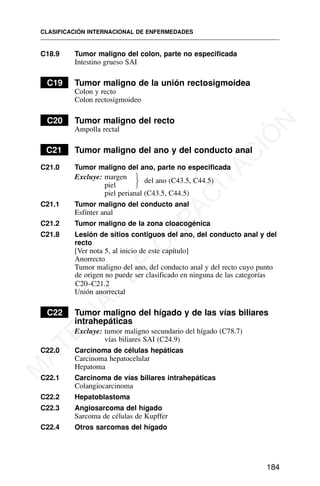 C18.9 Tumor maligno del colon, parte no especificada
Intestino grueso SAI
C19 Tumor maligno de la unión rectosigmoidea
Colon y recto
Colon rectosigmoideo
C20 Tumor maligno del recto
Ampolla rectal
C21 Tumor maligno del ano y del conducto anal
C21.0 Tumor maligno del ano, parte no especificada
Excluye: margen
piel
piel perianal (C43.5, C44.5)
C21.1 Tumor maligno del conducto anal
Esfínter anal
C21.2 Tumor maligno de la zona cloacogénica
C21.8 Lesión de sitios contiguos del ano, del conducto anal y del
recto
[Ver nota 5, al inicio de este capítulo]
Anorrecto
Tumor maligno del ano, del conducto anal y del recto cuyo punto
de origen no puede ser clasificado en ninguna de las categorías
C20–C21.2
Unión anorrectal
C22 Tumor maligno del hígado y de las vías biliares
intrahepáticas
Excluye: tumor maligno secundario del hígado (C78.7)
vías biliares SAI (C24.9)
C22.0 Carcinoma de células hepáticas
Carcinoma hepatocelular
Hepatoma
C22.1 Carcinoma de vías biliares intrahepáticas
Colangiocarcinoma
C22.2 Hepatoblastoma
C22.3 Angiosarcoma del hígado
Sarcoma de células de Kupffer
C22.4 Otros sarcomas del hígado
CLASIFICACIÓN INTERNACIONAL DE ENFERMEDADES
184
del ano (C43.5, C44.5)
⎫
⎬
⎭
M
A
T
E
R
I
A
L
D
E
C
A
P
A
C
I
T
A
C
I
Ó
N
 