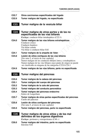 C22.7 Otros carcinomas especificados del hígado
C22.9 Tumor maligno del hígado, no especificado
C23 Tumor maligno de la vesícula biliar
C24 Tumor maligno de otras partes y de las no
especificadas de las vías biliares
Excluye: conducto biliar intrahepático (C22.1)
C24.0 Tumor maligno de las vías biliares extrahepáticas
Conducto cístico
Conducto hepático
Vía biliar común
Vía biliar o conducto biliar SAI
C24.1 Tumor maligno de la ampolla de Vater
C24.8 Lesión de sitios contiguos de las vías biliares
[Ver nota 5, al inicio de este capítulo]
Tumor maligno de los conductos biliares intra y extrahepáticos
Tumor maligno de las vías biliares cuyo punto de origen no puede
ser clasificado en ninguna de las categorías C22.0–C24.1
C24.9 Tumor maligno de las vías biliares, parte no especificada
C25 Tumor maligno del páncreas
C25.0 Tumor maligno de la cabeza del páncreas
C25.1 Tumor maligno del cuerpo del páncreas
C25.2 Tumor maligno de la cola del páncreas
C25.3 Tumor maligno del conducto pancreático
C25.4 Tumor maligno del páncreas endocrino
Islotes de Langerhans
C25.7 Tumor maligno de otras partes especificadas del páncreas
Cuello del páncreas
C25.8 Lesión de sitios contiguos del páncreas
[Ver nota 5, al inicio de este capítulo]
C25.9 Tumor maligno del páncreas, parte no especificada
C26 Tumor maligno de otros sitios y de los mal
definidos de los órganos digestivos
Excluye: peritoneo y retroperitoneo (C48.–)
C26.0 Tumor maligno del intestino, parte no especificada
Intestino SAI
TUMORES [NEOPLASIAS]
185
M
A
T
E
R
I
A
L
D
E
C
A
P
A
C
I
T
A
C
I
Ó
N
 