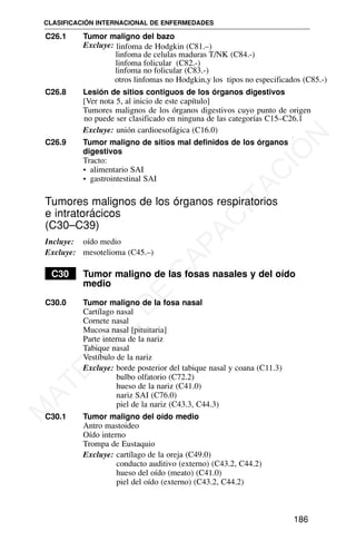 C26.1 Tumor maligno del bazo
Excluye: linfoma de Hodgkin (C81.–)
otros linfomas no Hodgkin,y los tipos no especificados (C85.-)
C26.8 Lesión de sitios contiguos de los órganos digestivos
[Ver nota 5, al inicio de este capítulo]
Tumores malignos de los órganos digestivos cuyo punto de origen
no puede ser clasificado en ninguna de las categorías C15–C26.1
Excluye: unión cardioesofágica (C16.0)
C26.9 Tumor maligno de sitios mal definidos de los órganos
digestivos
Tracto:
• alimentario SAI
• gastrointestinal SAI
Tumores malignos de los órganos respiratorios
e intratorácicos
(C30–C39)
Incluye: oído medio
Excluye: mesotelioma (C45.–)
C30 Tumor maligno de las fosas nasales y del oído
medio
C30.0 Tumor maligno de la fosa nasal
Cartílago nasal
Cornete nasal
Mucosa nasal [pituitaria]
Parte interna de la nariz
Tabique nasal
Vestíbulo de la nariz
Excluye: borde posterior del tabique nasal y coana (C11.3)
bulbo olfatorio (C72.2)
hueso de la nariz (C41.0)
nariz SAI (C76.0)
piel de la nariz (C43.3, C44.3)
C30.1 Tumor maligno del oído medio
Antro mastoideo
Oído interno
Trompa de Eustaquio
Excluye: cartílago de la oreja (C49.0)
conducto auditivo (externo) (C43.2, C44.2)
hueso del oído (meato) (C41.0)
piel del oído (externo) (C43.2, C44.2)
CLASIFICACIÓN INTERNACIONAL DE ENFERMEDADES
186
linfoma de celulas maduras T/NK (C84.-)
linfoma folicular (C82.-)
linfoma no folicular (C83.-)
M
A
T
E
R
I
A
L
D
E
C
A
P
A
C
I
T
A
C
I
Ó
N
 