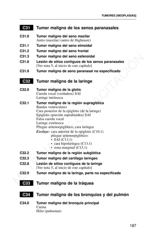 C31 Tumor maligno de los senos paranasales
C31.0 Tumor maligno del seno maxilar
Antro (maxilar) (antro de Highmore)
C31.1 Tumor maligno del seno etmoidal
C31.2 Tumor maligno del seno frontal
C31.3 Tumor maligno del seno esfenoidal
C31.8 Lesión de sitios contiguos de los senos paranasales
[Ver nota 5, al inicio de este capítulo]
C31.9 Tumor maligno de seno paranasal no especificado
C32 Tumor maligno de la laringe
C32.0 Tumor maligno de la glotis
Cuerda vocal (verdadera) SAI
Laringe intrínseca
C32.1 Tumor maligno de la región supraglótica
Bandas ventriculares
Cara posterior de la epiglotis (de la laringe)
Epiglotis (porción suprahioidea) SAI
Falsa cuerda vocal
Laringe extrínseca
Pliegue aritenoepiglótico, cara laríngea
Excluye: cara anterior de la epiglotis (C10.1)
pliegue aritenoepiglótico:
• SAI (C13.1)
• cara hipofaríngea (C13.1)
• zona marginal (C13.1)
C32.2 Tumor maligno de la región subglótica
C32.3 Tumor maligno del cartílago laríngeo
C32.8 Lesión de sitios contiguos de la laringe
[Ver nota 5, al inicio de este capítulo]
C32.9 Tumor maligno de la laringe, parte no especificada
C33 Tumor maligno de la tráquea
C34 Tumor maligno de los bronquios y del pulmón
C34.0 Tumor maligno del bronquio principal
Carina
Hilio (pulmonar)
TUMORES [NEOPLASIAS]
187
M
A
T
E
R
I
A
L
D
E
C
A
P
A
C
I
T
A
C
I
Ó
N
 