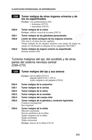 C68 Tumor maligno de otros órganos urinarios y de
los no especificados
Excluye: vías genitourinarias SAI:
• femeninas (C57.9)
• masculinas (C63.9)
C68.0 Tumor maligno de la uretra
Excluye: orificio vesical de la uretra (C67.5)
C68.1 Tumor maligno de las glándulas parauretrales
C68.8 Lesión de sitios contiguos de los órganos urinarios
[Ver nota 5, al inicio de este capítulo]
Tumor maligno de los órganos urinarios cuyo punto de origen no
puede ser clasificado en ninguna de las categorías C64–C68.1
C68.9 Tumor maligno de órgano urinario no especificado
Sistema urinario SAI
Tumores malignos del ojo, del encéfalo y de otras
partes del sistema nervioso central
(C69–C72)
C69 Tumor maligno del ojo y sus anexos
Excluye: nervio óptico (C72.3)
párpado (piel) (C43.1, C44.1)
tejido conjuntivo del párpado (C49.0)
C69.0 Tumor maligno de la conjuntiva
C69.1 Tumor maligno de la córnea
C69.2 Tumor maligno de la retina
C69.3 Tumor maligno de la coroides
C69.4 Tumor maligno del cuerpo ciliar
C69.5 Tumor maligno de la glándula y conducto lagrimales
Conducto nasolagrimal
Saco lagrimal
C69.6 Tumor maligno de la órbita
Músculo extraocular
Nervios periféricos de la órbita
Tejido conjuntivo de la órbita
Tejido retrobulbar
Tejido retroocular
Excluye: huesos de la órbita (C41.0)
CLASIFICACIÓN INTERNACIONAL DE ENFERMEDADES
200
M
A
T
E
R
I
A
L
D
E
C
A
P
A
C
I
T
A
C
I
Ó
N
 