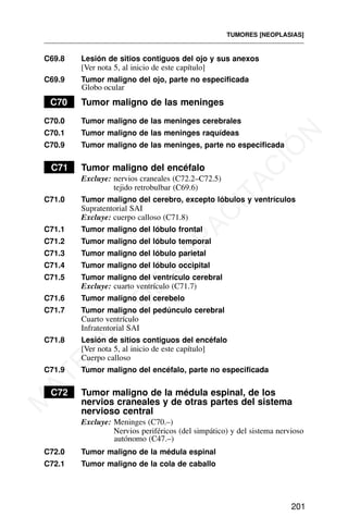 C69.8 Lesión de sitios contiguos del ojo y sus anexos
[Ver nota 5, al inicio de este capítulo]
C69.9 Tumor maligno del ojo, parte no especificada
C70 Tumor maligno de las meninges
C70.0 Tumor maligno de las meninges cerebrales
C70.1 Tumor maligno de las meninges raquídeas
C70.9 Tumor maligno de las meninges, parte no especificada
C71 Tumor maligno del encéfalo
Excluye: nervios craneales (C72.2–C72.5)
tejido retrobulbar (C69.6)
C71.0 Tumor maligno del cerebro, excepto lóbulos y ventrículos
Supratentorial SAI
Excluye: cuerpo calloso (C71.8)
C71.1 Tumor maligno del lóbulo frontal
C71.2 Tumor maligno del lóbulo temporal
C71.3 Tumor maligno del lóbulo parietal
C71.4 Tumor maligno del lóbulo occipital
C71.5 Tumor maligno del ventrículo cerebral
Excluye: cuarto ventrículo (C71.7)
C71.6 Tumor maligno del cerebelo
C71.7 Tumor maligno del pedúnculo cerebral
Cuarto ventrículo
Infratentorial SAI
C71.8 Lesión de sitios contiguos del encéfalo
[Ver nota 5, al inicio de este capítulo]
Cuerpo calloso
C71.9 Tumor maligno del encéfalo, parte no especificada
CC72 Tumor maligno de la médula espinal, de los
nervios craneales y de otras partes del sistema
nervioso central
Excluye: Meninges (C70.–)
Nervios periféricos (del simpático) y del sistema nervioso
autónomo (C47.–)
C72.0 Tumor maligno de la médula espinal
C72.1 Tumor maligno de la cola de caballo
TUMORES [NEOPLASIAS]
201
Globo ocular
M
A
T
E
R
I
A
L
D
E
C
A
P
A
C
I
T
A
C
I
Ó
N
 