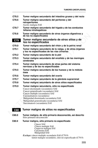 C78.5 Tumor maligno secundario del intestino grueso y del recto
C78.6 Tumor maligno secundario del peritoneo y del
retroperitoneo
Ascitis maligna SAI
C78.7 Tumor maligno secundario del hígado y de los conductos
biliares intrahepáticos
C78.8 Tumor maligno secundario de otros órganos digestivos y
de los no especificados
C79 Tumor maligno secundario de otros sitios y de
los no especificados
C79.0 Tumor maligno secundario del riñón y de la pelvis renal
C79.1 Tumor maligno secundario de la vejiga, y de otros órganos
y los no especificados de las vías urinarias
C79.2 Tumor maligno secundario de la piel
C79.3 Tumor maligno secundario del encéfalo y de las meninges
cerebrales
C79.4 Tumor maligno secundario de otras partes del sistema
nervioso y de las no especificadas
C79.5 Tumor maligno secundario de los huesos y de la médula
ósea
C79.6 Tumor maligno secundario del ovario
C79.7 Tumor maligno secundario de la glándula suprarrenal
C79.8 Tumor maligno secundario de otros sitios especificados
C80 Tumor maligno de sitios no especificados
TUMORES [NEOPLASIAS]
205
C79.9 Tumor maligno secundario, sitio no especificado
Cancer generalizado (secundario) SAI
Cancer multiple (secundario) SAI
Carcinomatosis (secundaria)
Malignidad generalizada (secundaria) SAI
Cancer diseminado (secundario) SAI
Malignidad diseminada (secundaria) SAI
Sarcomatosis (secundaria) SAI
C80.0 Tumor maligno, de sitio primario desconocido, asi descrito
Sitio primario desconocido
C80.9 Tumor maligno, sitio primario no especificado
Cáncer SAI
Caquexia maligna SAI
Carcinoma SAI
Malignidad SAI
Cáncer multiple SAI
Excluye: cáncer multiple secundario SAI (C79.9)
tumor maligno secundario, sitio no especificado (C79.9)
M
A
T
E
R
I
A
L
D
E
C
A
P
A
C
I
T
A
C
I
Ó
N
 