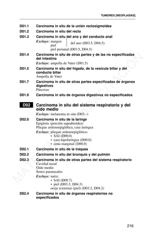 D01.1 Carcinoma in situ de la unión rectosigmoidea
D01.2 Carcinoma in situ del recto
D01.3 Carcinoma in situ del ano y del conducto anal
Excluye: margen del ano (D03.5, D04.5)
piel
piel perianal (D03.5, D04.5)
D01.4 Carcinoma in situ de otras partes y de las no especificadas
del intestino
Excluye: ampolla de Vater (D01.5)
D01.5 Carcinoma in situ del hígado, de la vesícula biliar y del
conducto biliar
Ampolla de Vater
D01.7 Carcinoma in situ de otras partes especificadas de órganos
digestivos
Páncreas
D01.9 Carcinoma in situ de órganos digestivos no especificados
D02 Carcinoma in situ del sistema respiratorio y del
oído medio
Excluye: melanoma in situ (D03.–)
D02.0 Carcinoma in situ de la laringe
Epiglotis (porción suprahioidea)
Pliegue aritenoepiglótico, cara laríngea
Excluye: pliegue aritenoepiglótico:
• SAI (D00.0)
• cara hipofaríngea (D00.0)
• zona marginal (D00.0)
D02.1 Carcinoma in situ de la tráquea
D02.2 Carcinoma in situ del bronquio y del pulmón
D02.3 Carcinoma in situ de otras partes del sistema respiratorio
Cavidad nasal
Oído medio
Senos paranasales
Excluye: nariz:
• SAI (D09.7)
• piel (D03.3, D04.3)
oreja (externa) (piel) (D03.2, D04.2)
D02.4 Carcinoma in situ de órganos respiratorios no
especificados
TUMORES [NEOPLASIAS]
216
⎫
⎬
⎭
M
A
T
E
R
I
A
L
D
E
C
A
P
A
C
I
T
A
C
I
Ó
N
 