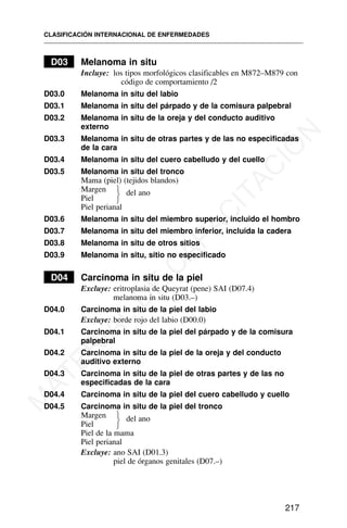 D03 Melanoma in situ
Incluye: los tipos morfológicos clasificables en M872–M879 con
código de comportamiento /2
D03.0 Melanoma in situ del labio
D03.1 Melanoma in situ del párpado y de la comisura palpebral
D03.2 Melanoma in situ de la oreja y del conducto auditivo
externo
D03.3 Melanoma in situ de otras partes y de las no especificadas
de la cara
D03.4 Melanoma in situ del cuero cabelludo y del cuello
D03.5 Melanoma in situ del tronco
Mama (piel) (tejidos blandos)
Margen del ano
Piel
Piel perianal
D03.6 Melanoma in situ del miembro superior, incluido el hombro
D03.7 Melanoma in situ del miembro inferior, incluida la cadera
D03.8 Melanoma in situ de otros sitios
D03.9 Melanoma in situ, sitio no especificado
D04 Carcinoma in situ de la piel
Excluye: eritroplasia de Queyrat (pene) SAI (D07.4)
melanoma in situ (D03.–)
D04.0 Carcinoma in situ de la piel del labio
Excluye: borde rojo del labio (D00.0)
D04.1 Carcinoma in situ de la piel del párpado y de la comisura
palpebral
D04.2 Carcinoma in situ de la piel de la oreja y del conducto
auditivo externo
D04.3 Carcinoma in situ de la piel de otras partes y de las no
especificadas de la cara
D04.4 Carcinoma in situ de la piel del cuero cabelludo y cuello
D04.5 Carcinoma in situ de la piel del tronco
Margen del ano
Piel
Piel de la mama
Piel perianal
Excluye: ano SAI (D01.3)
piel de órganos genitales (D07.–)
CLASIFICACIÓN INTERNACIONAL DE ENFERMEDADES
217
⎫
⎬
⎭
⎫
⎬
⎭
M
A
T
E
R
I
A
L
D
E
C
A
P
A
C
I
T
A
C
I
Ó
N
 