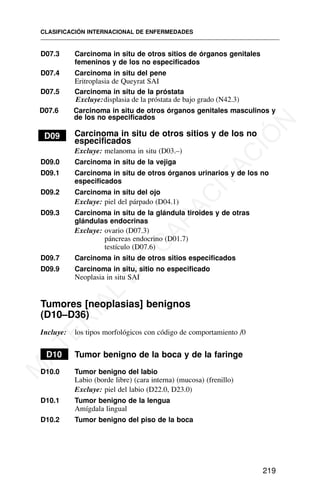 D07.3 Carcinoma in situ de otros sitios de órganos genitales
femeninos y de los no especificados
D07.4 Carcinoma in situ del pene
Eritroplasia de Queyrat SAI
D07.5 Carcinoma in situ de la próstata
D07.6 Carcinoma in situ de otros órganos genitales masculinos y
de los no especificados
D09 Carcinoma in situ de otros sitios y de los no
especificados
Excluye: melanoma in situ (D03.–)
D09.0 Carcinoma in situ de la vejiga
D09.1 Carcinoma in situ de otros órganos urinarios y de los no
especificados
D09.2 Carcinoma in situ del ojo
Excluye: piel del párpado (D04.1)
D09.3 Carcinoma in situ de la glándula tiroides y de otras
glándulas endocrinas
Excluye: ovario (D07.3)
páncreas endocrino (D01.7)
testículo (D07.6)
D09.7 Carcinoma in situ de otros sitios especificados
D09.9 Carcinoma in situ, sitio no especificado
Neoplasia in situ SAI
Tumores [neoplasias] benignos
(D10–D36)
Incluye: los tipos morfológicos con código de comportamiento /0
D10 Tumor benigno de la boca y de la faringe
D10.0 Tumor benigno del labio
Labio (borde libre) (cara interna) (mucosa) (frenillo)
Excluye: piel del labio (D22.0, D23.0)
D10.1 Tumor benigno de la lengua
Amígdala lingual
D10.2 Tumor benigno del piso de la boca
CLASIFICACIÓN INTERNACIONAL DE ENFERMEDADES
219
displasia de la próstata de bajo grado (N42.3)
Excluye:
M
A
T
E
R
I
A
L
D
E
C
A
P
A
C
I
T
A
C
I
Ó
N
 
