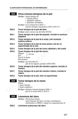 D23 Otros tumores benignos de la piel
Incluye: tumor benigno de:
• folículo piloso
• glándulas sebáceas
• glándulas sudoríparas
Excluye: nevo melanocítico (D22.–)
tumores benignos lipomatosos (D17.0–D17.3)
D23.0 Tumor benigno de la piel del labio
Excluye: parte externa roja del labio (D10.0)
D23.1 Tumor benigno de la piel del párpado, incluida la comisura
palpebral
D23.2 Tumor benigno de la piel de la oreja y del conducto
auditivo externo
D23.3 Tumor benigno de la piel de otras partes y de las no
especificadas de la cara
D23.4 Tumor benigno de la piel del cuero cabelludo y del cuello
D23.5 Tumor benigno de la piel del tronco
Margen del ano
Piel
Piel de la mama
Piel perianal
Excluye: ano SAI (D12.9)
piel de los órganos genitales (D28–D29)
D23.6 Tumor benigno de la piel del miembro superior, incluido el
hombro
D23.7 Tumor benigno de la piel del miembro inferior, incluida la
cadera
D23.9 Tumor benigno de la piel, sitio no especificado
D24 Tumor benigno de la mama
Mama:
• partes blandas
• tejido conjuntivo
Excluye: displasia mamaria benigna (N60.–)
piel de la mama (D22.5, D23.5)
D25 Leiomioma del útero
Incluye: fibromioma uterino
tumor benigno del útero con tipos morfológicos
clasificables en M889 y código de comportamiento /0
D25.0 Leiomioma submucoso del útero
CLASIFICACIÓN INTERNACIONAL DE ENFERMEDADES
227
⎫
⎬
⎭
M
A
T
E
R
I
A
L
D
E
C
A
P
A
C
I
T
A
C
I
Ó
N
 