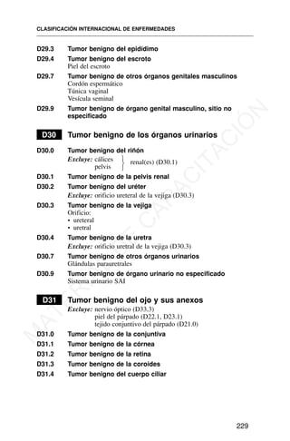 D29.3 Tumor benigno del epidídimo
D29.4 Tumor benigno del escroto
Piel del escroto
D29.7 Tumor benigno de otros órganos genitales masculinos
Cordón espermático
Túnica vaginal
Vesícula seminal
D29.9 Tumor benigno de órgano genital masculino, sitio no
especificado
D30 Tumor benigno de los órganos urinarios
D30.0 Tumor benigno del riñón
Excluye: cálices renal(es) (D30.1)
pelvis
D30.1 Tumor benigno de la pelvis renal
D30.2 Tumor benigno del uréter
Excluye: orificio ureteral de la vejiga (D30.3)
D30.3 Tumor benigno de la vejiga
Orificio:
• ureteral
• uretral
D30.4 Tumor benigno de la uretra
Excluye: orificio uretral de la vejiga (D30.3)
D30.7 Tumor benigno de otros órganos urinarios
Glándulas parauretrales
D30.9 Tumor benigno de órgano urinario no especificado
Sistema urinario SAI
D31 Tumor benigno del ojo y sus anexos
Excluye: nervio óptico (D33.3)
piel del párpado (D22.1, D23.1)
tejido conjuntivo del párpado (D21.0)
D31.0 Tumor benigno de la conjuntiva
D31.1 Tumor benigno de la córnea
D31.2 Tumor benigno de la retina
D31.3 Tumor benigno de la coroides
D31.4 Tumor benigno del cuerpo ciliar
CLASIFICACIÓN INTERNACIONAL DE ENFERMEDADES
229
⎫
⎬
⎭
M
A
T
E
R
I
A
L
D
E
C
A
P
A
C
I
T
A
C
I
Ó
N
 