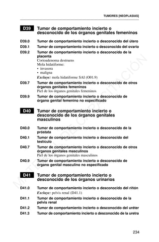 D39 Tumor de comportamiento incierto o
desconocido de los órganos genitales femeninos
D39.0 Tumor de comportamiento incierto o desconocido del útero
D39.1 Tumor de comportamiento incierto o desconocido del ovario
D39.2 Tumor de comportamiento incierto o desconocido de la
placenta
Corioadenoma destruens
Mola hidatiforme:
• invasora
• maligna
Excluye: mola hidatiforme SAI (O01.9)
D39.7 Tumor de comportamiento incierto o desconocido de otros
órganos genitales femeninos
Piel de los órganos genitales femeninos
D39.9 Tumor de comportamiento incierto o desconocido de
órgano genital femenino no especificado
D40 Tumor de comportamiento incierto o
desconocido de los órganos genitales
masculinos
D40.0 Tumor de comportamiento incierto o desconocido de la
próstata
D40.1 Tumor de comportamiento incierto o desconocido del
testículo
D40.7 Tumor de comportamiento incierto o desconocido de otros
órganos genitales masculinos
Piel de los órganos genitales masculinos
D40.9 Tumor de comportamiento incierto o desconocido de
órgano genital masculino no especificado
D41 Tumor de comportamiento incierto o
desconocido de los órganos urinarios
D41.0 Tumor de comportamiento incierto o desconocido del riñón
Excluye: pelvis renal (D41.1)
D41.1 Tumor de comportamiento incierto o desconocido de la
pelvis renal
D41.2 Tumor de comportamiento incierto o desconocido del uréter
D41.3 Tumor de comportamiento incierto o desconocido de la uretra
TUMORES [NEOPLASIAS]
234
M
A
T
E
R
I
A
L
D
E
C
A
P
A
C
I
T
A
C
I
Ó
N
 